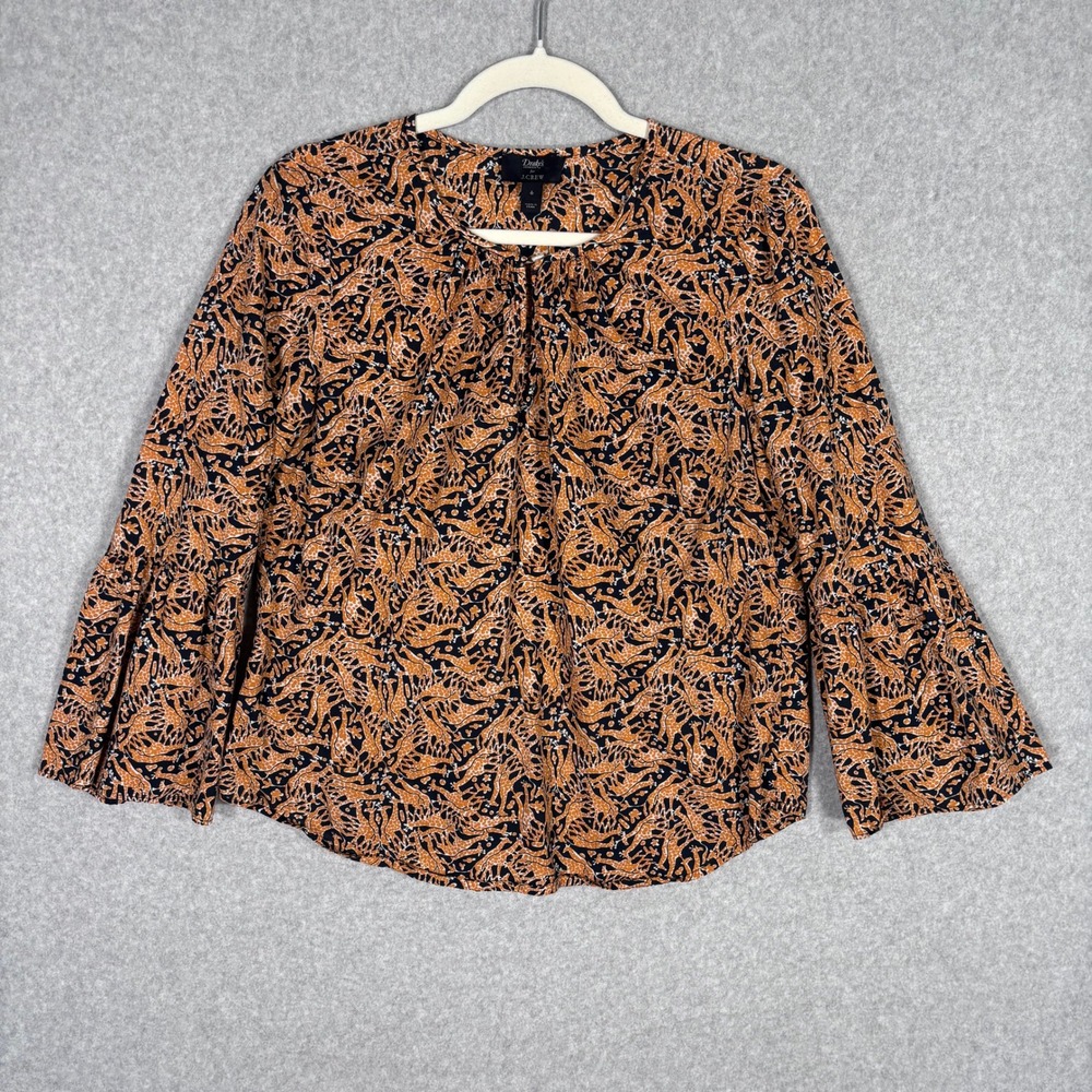 J Crew x Drakes London Blouse Size 6 Navy Orange Giraffe Print Popover Safari